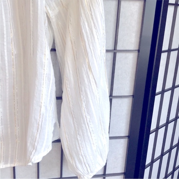 Boho Cotton Balloon Sleeve Metallic Stripe Cottagecore Blouse Ivory Off-white M - Picture 8 of 11